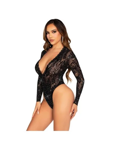 LEG AVENUE - BODY DE RENDA E MANGA COMPRIDA COM DIAMANTES PRETO TAMANHO ÚNICO