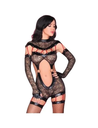 LIVCO CORSETTI FASHION - SAKURA CF 90357 MACACÃO + LUVAS COMPRIDAS + CINTO-LIGA PRETO L/XL