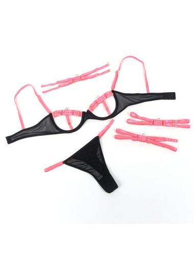 SUBBLIME - 955304 CONJUNTO DE SUTIÃ COM COLAR E DETALHES NAS PERNAS ROSA FLUORESCENTE L/XL