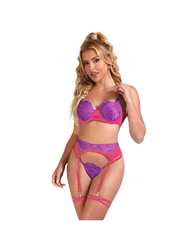 SUBBLIME - 955366 CONJUNTO DE SUTIÃ COM RENDA E LIGAS ROSA E ROXO L/XL
