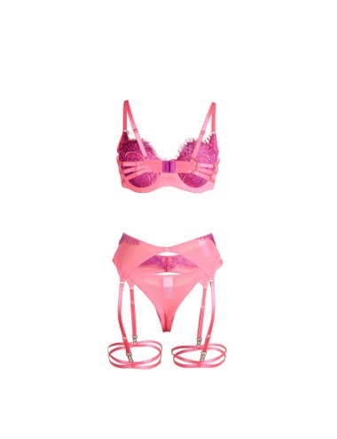 SUBBLIME - 955366 CONJUNTO DE SUTIÃ COM RENDA E LIGAS ROSA E ROXO L/XL