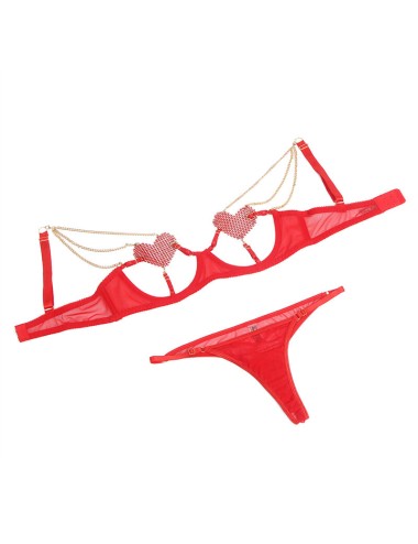 SUBBLIME - 955526 CONJUNTO DE SUTIÃ COM CORRENTES E MALHA CORAÇÃO VERMELHO L/XL