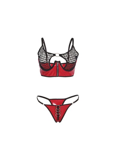 SUBBLIME - 955533 CONJUNTO DE SUTIÃ DE COURO VERMELHO COM ZÍPER DE MALHA S/M