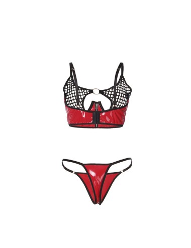 SUBBLIME - 955533 CONJUNTO DE SUTIÃ DE COURO VERMELHO COM ZÍPER DE MALHA S/M