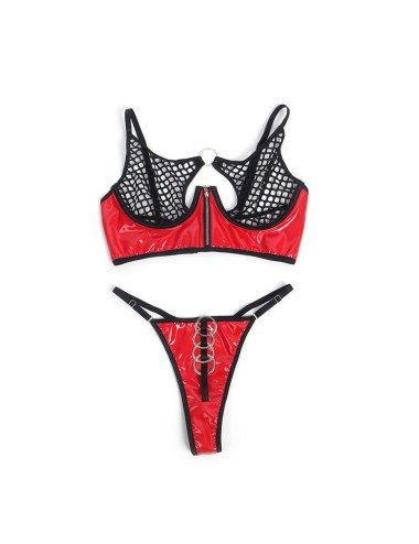 SUBBLIME - 955533 CONJUNTO DE SUTIÃ DE COURO VERMELHO COM ZÍPER DE MALHA S/M