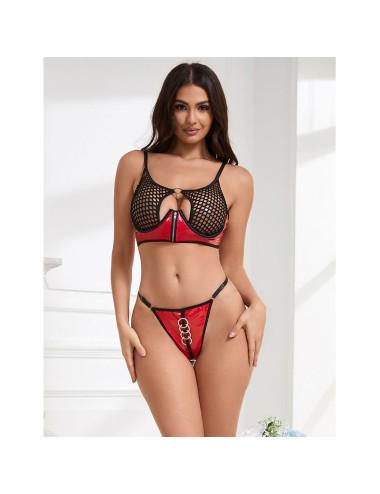 SUBBLIME - 955533 CONJUNTO DE SUTIÃ DE COURO VERMELHO COM ZÍPER DE MALHA S/M