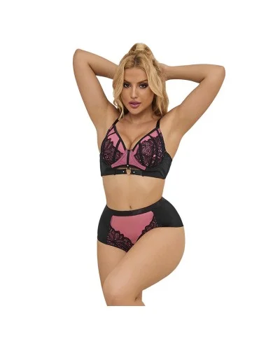 SUBBLIME - 955571 CONJUNTO DE SUTIÃ DE COURO VERDE COM ZÍPER DE MALHA ROSA P/M