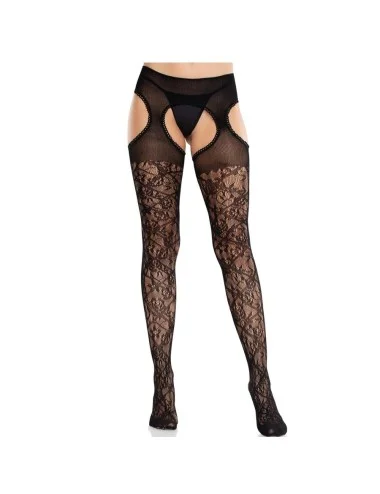 LEG AVENUE - MEIAS DE RENDA FLORAL COM LIGAS UNITED BLACK
