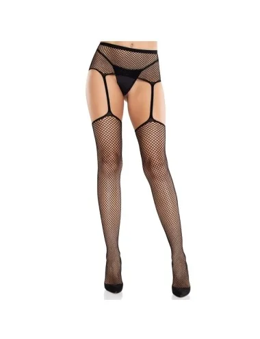 LEG AVENUE - MEIAS DE RENDA COM CRUZ E CINTO-LIGA PRETO