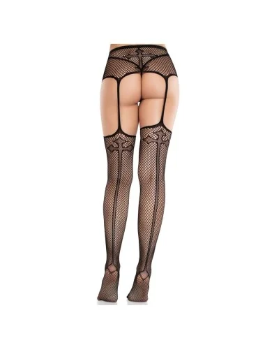 LEG AVENUE - MEIAS DE RENDA COM CRUZ E CINTO-LIGA PRETO