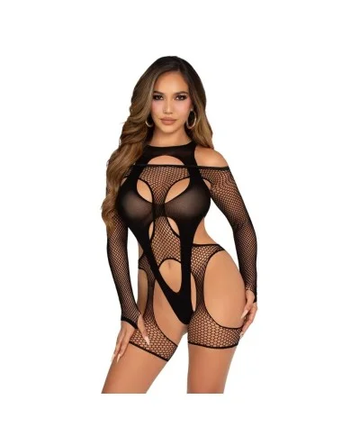 LEG AVENUE - BODYSTOCKING DE REDE COM CINTA-LIGA E ARNÊS PRETO