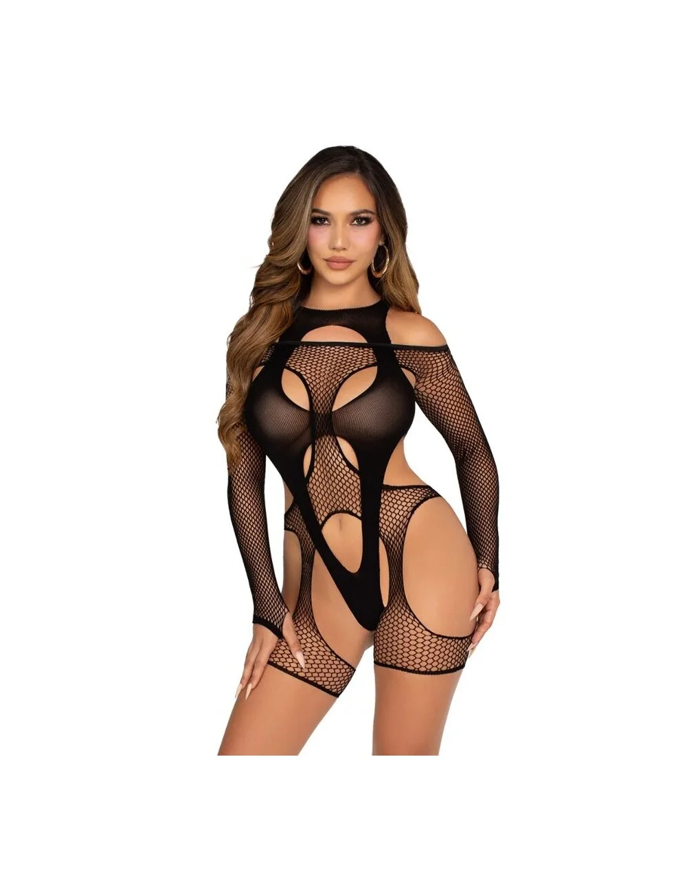 LEG AVENUE - BODYSTOCKING DE REDE COM CINTA-LIGA E ARNÊS PRETO