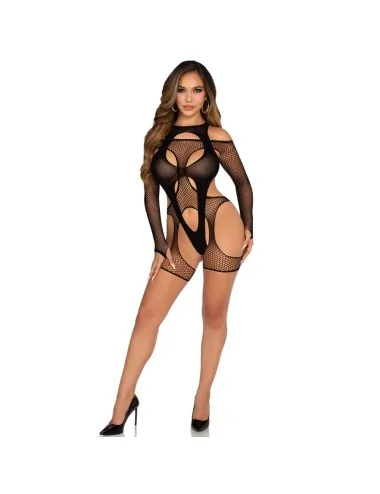 LEG AVENUE - BODYSTOCKING DE REDE COM CINTA-LIGA E ARNÊS PRETO