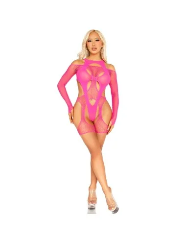 LEG AVENUE - BODYSTOCKING DE REDE COM CINTA-LIGA E ARNÊS ROSA NEON