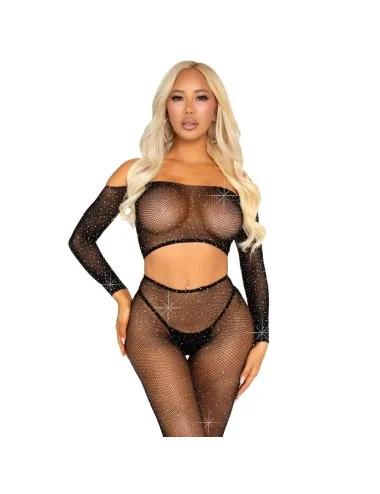 LEG AVENUE - TOP CROP E LEGGING DE REDE COM STRINHOS PRETO