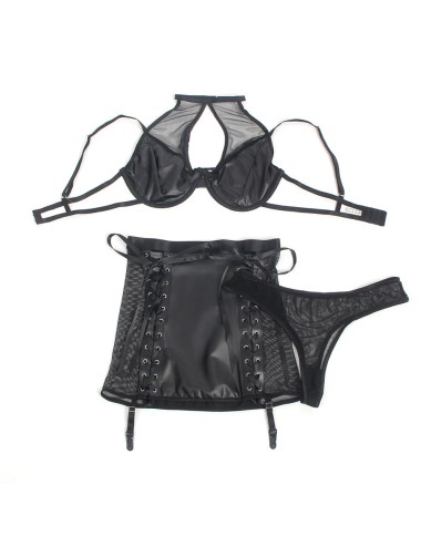 SUBBLIME - 957599 CONJUNTO DE SUTIÃ E SAIA DE COURO PRETO L/XL