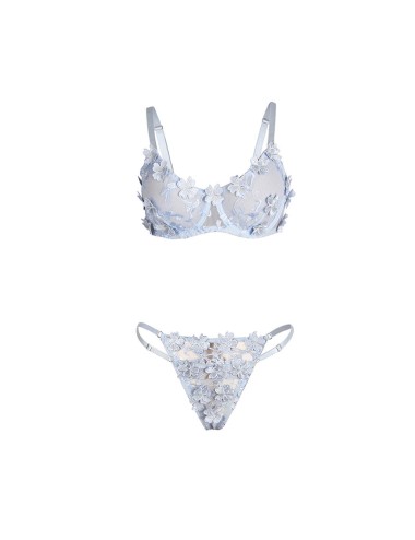 SUBBLIME - 957629 CONJUNTO DE SUTIÃ E CALCINHA BORDADOS COM FLORES AZUL CELESTE S/M