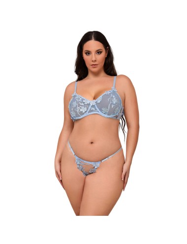 SUBBLIME - 957636 CONJUNTO DE SUTIÃ E CALCINHA BORDADOS COM FLORES AZUL CELESTE L/XL