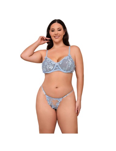 SUBBLIME - 957636 CONJUNTO DE SUTIÃ E CALCINHA BORDADOS COM FLORES AZUL CELESTE L/XL
