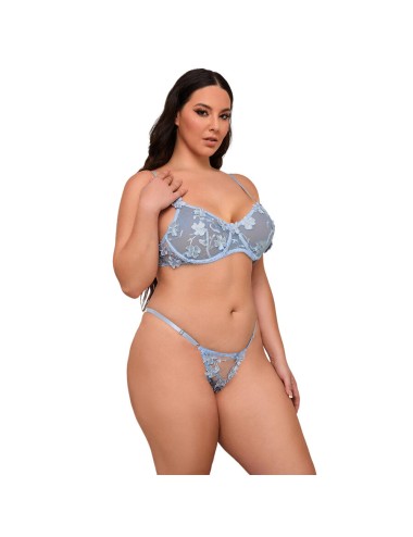 SUBBLIME - 957636 CONJUNTO DE SUTIÃ E CALCINHA BORDADOS COM FLORES AZUL CELESTE L/XL