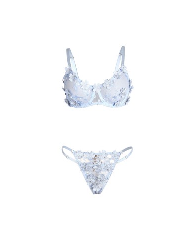 SUBBLIME - 957636 CONJUNTO DE SUTIÃ E CALCINHA BORDADOS COM FLORES AZUL CELESTE L/XL