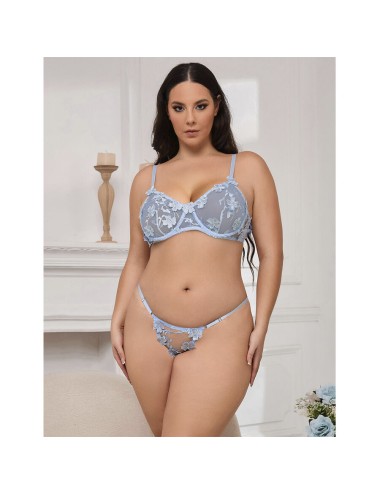 SUBBLIME - 957636 CONJUNTO DE SUTIÃ E CALCINHA BORDADOS COM FLORES AZUL CELESTE L/XL