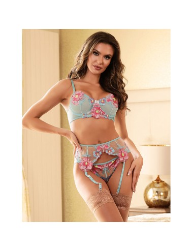 SUBBLIME - 957650 CONJUNTO DE SUTIÃ E CINTO-LIGA COM BORDADO DE FLORES ROSA L/XL
