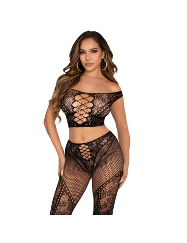 LEG AVENUE - TOP CROP E LEGGING DE REDE COM OMBROS À FRENTE PRETO