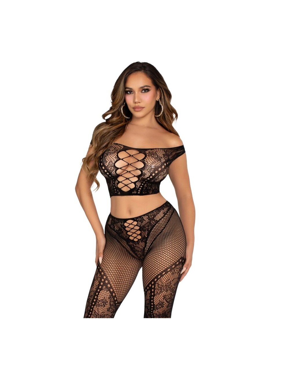 LEG AVENUE - TOP CROP E LEGGING DE REDE COM OMBROS À FRENTE PRETO