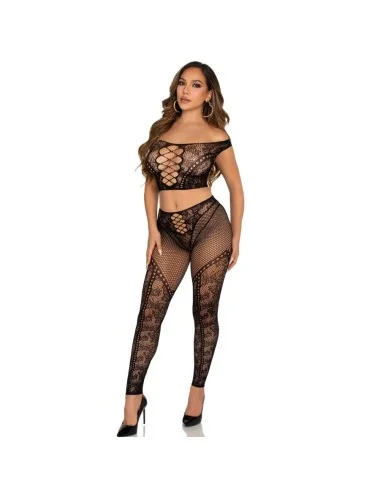 LEG AVENUE - TOP CROP E LEGGING DE REDE COM OMBROS À FRENTE PRETO