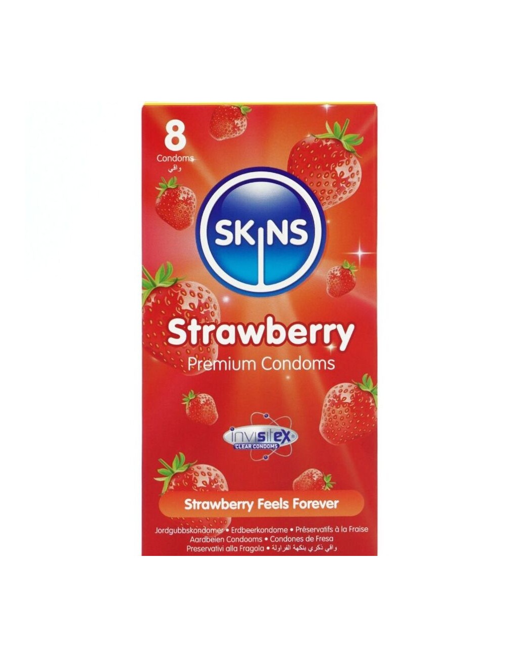 SKINS - PRESERVATIVOS PREMIUM DE MORANGO - PACOTE COM 8 SKINS - PRESERVATIVOS PREMIUM DE MORANGO - PACOTE COM 8