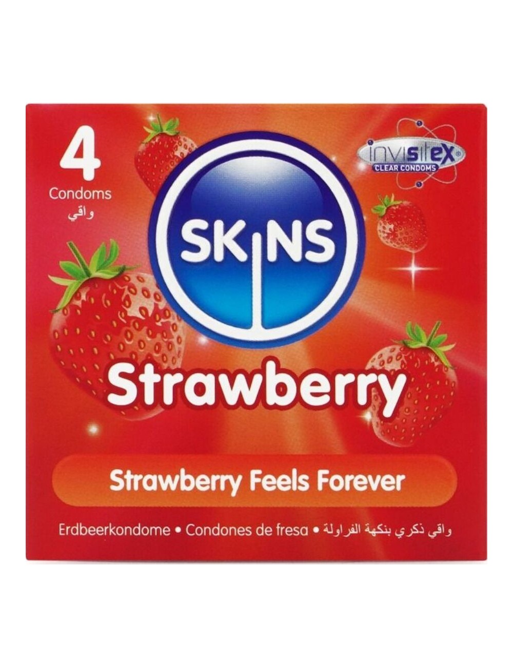SKINS - PACOTE COM 4 PRESERVATIVOS PREMIUM DE MORANGO SKINS - PACOTE COM 4 PRESERVATIVOS PREMIUM DE MORANGO