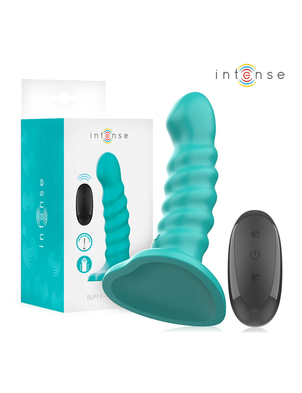 INTENSE - VIBRADOR BUFFY TAMANHO P DESIGN ESPIRAL 10 VIBRAÇÕES CONTROLE REMOTO AZUL
