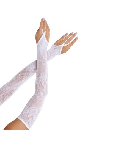 LEG AVENUE - LUVAS EXTRA LONGAS COM RENDA FLORAL E AQUECEDOR DE BRAÇOS BRANCAS