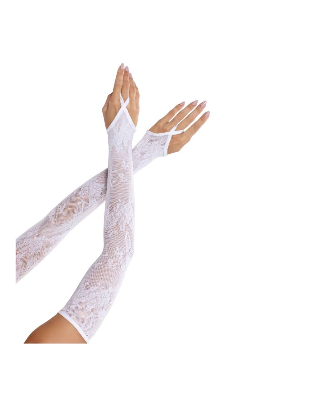 LEG AVENUE - LUVAS EXTRA LONGAS COM RENDA FLORAL E AQUECEDOR DE BRAÇOS BRANCAS