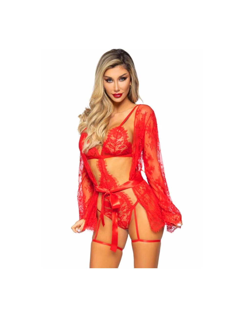 LEG AVENUE - 86123 CONJUNTO DE ROBE COM DENDY E LIGA VERMELHO TAMANHO M