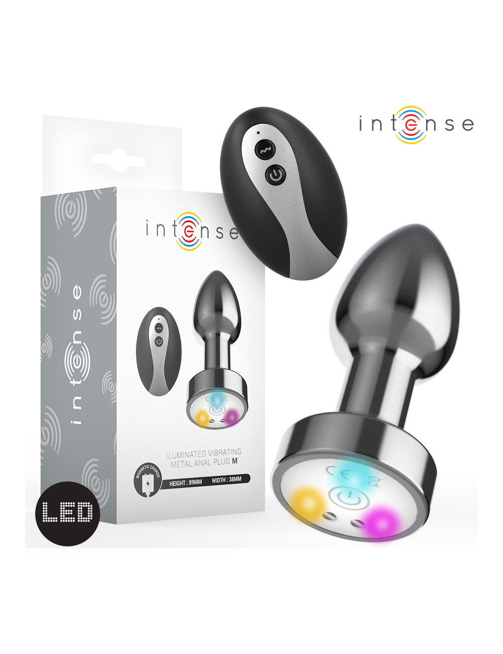 INTENSE - PLUG ANAL DE METAL VIBRANTE COM LUZES LED E CONTROLE REMOTO - TAMANHO M