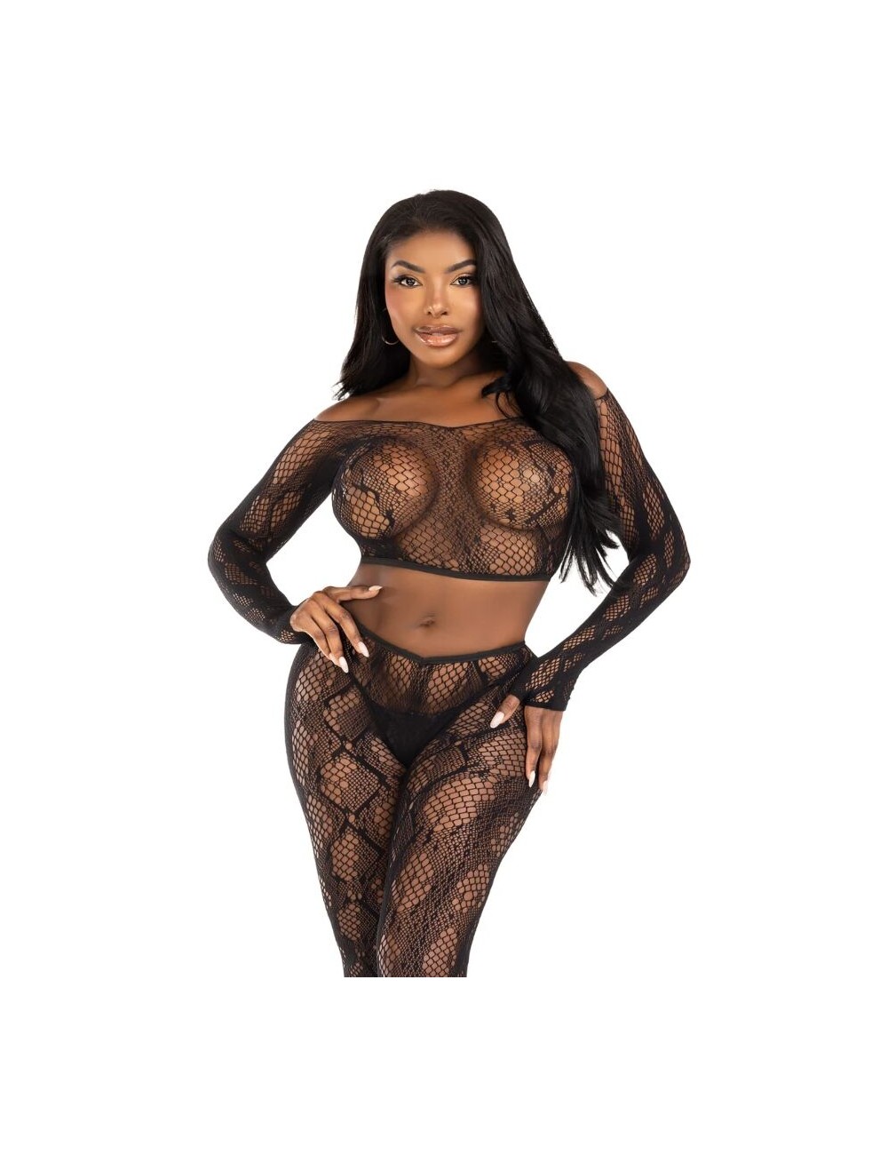 LEG AVENUE - 89373 TOP CROPPED COM ESTAMPA DE PYTHON E MEIA-CALÇA SEM PÉ PRETA - TAMANHO ÚNICO