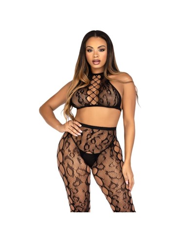 LEG AVENUE - 89372 CROP TOP & CROTCHLESS TIGHTS BLACK - ONE SIZE