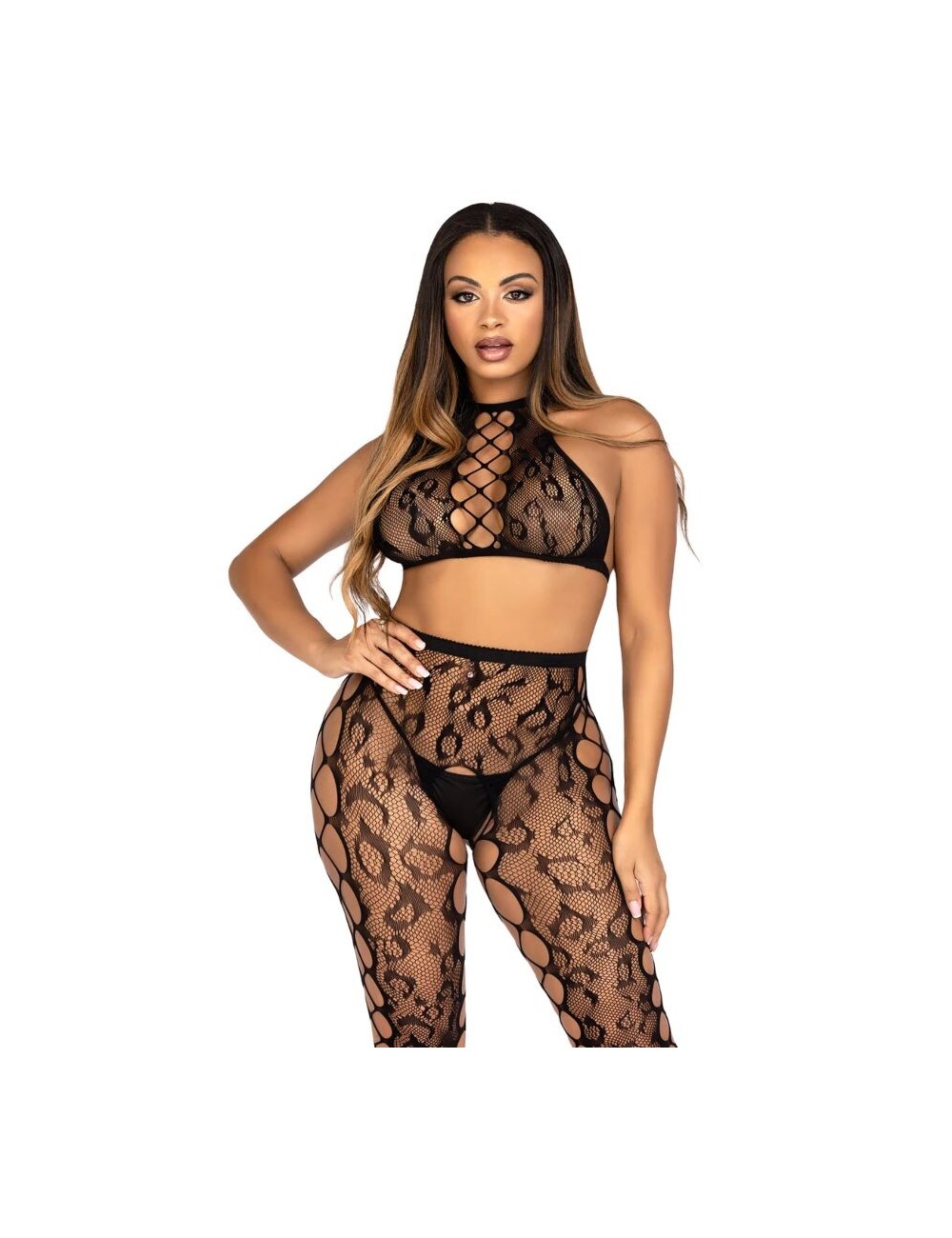 LEG AVENUE - 89372 CROP TOP & CROTCHLESS TIGHTS BLACK - ONE SIZE