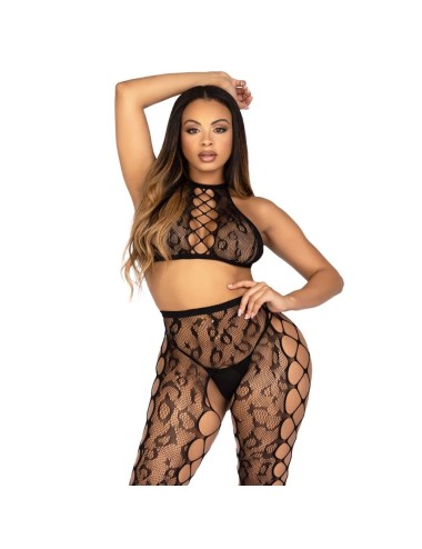 LEG AVENUE - 89372 CROP TOP & CROTCHLESS TIGHTS BLACK - ONE SIZE