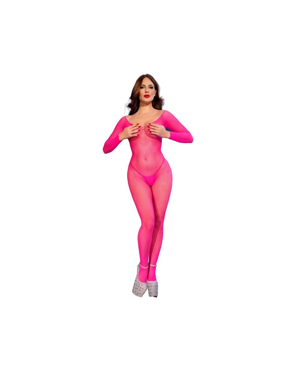 CHILIROSE - CR 4894 NEON PINK MESH BODYSTOCKING S/M