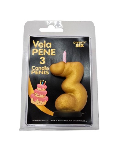 DIABLO PICANTE - PENIS CANDLE IN THE SHAPE OF THE NUMBER 3 GOLD COLOR