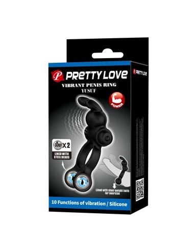 PRETTY LOVE - VIBRATING PENIS RING WITH BUNNY STIMULATOR 10 FUNCTIONS BLACK