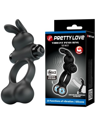 PRETTY LOVE - VIBRATING PENIS RING WITH BUNNY STIMULATOR 10 FUNCTIONS BLACK