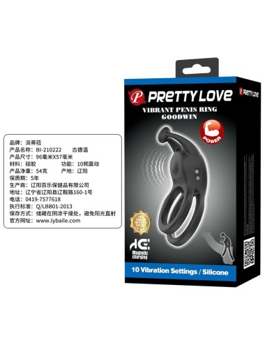 PRETTY LOVE - GOODWIN RECHARGEABLE DOUBLE VIBRATING COCK RING BLACK