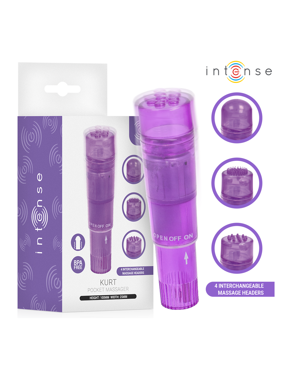 INTENSE - KURT MINI MASSAGER WITH 4 INTERCHANGEABLE HEADS PURPLE