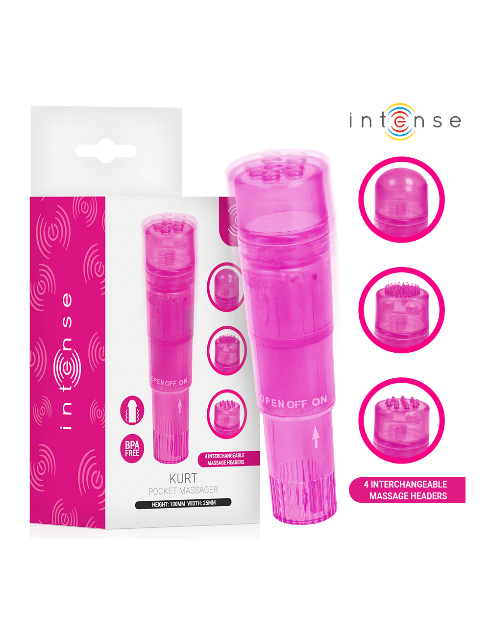 INTENSE - KURT MINI MASSAGER WITH 4 INTERCHANGEABLE HEADS PINK